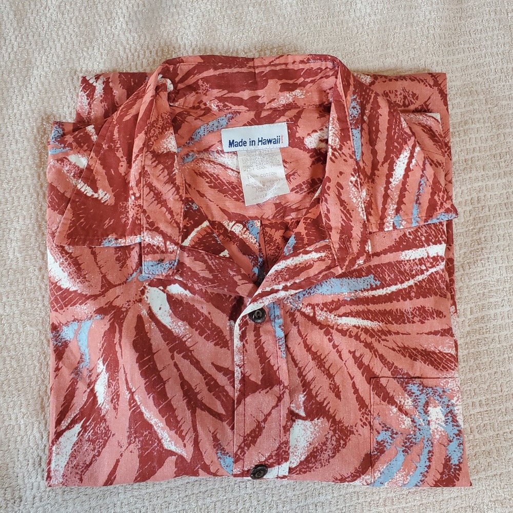 Made in Hawaii Mens L Tropical Leaf Print Cotton Camp Shirt Rust Terracotta‎